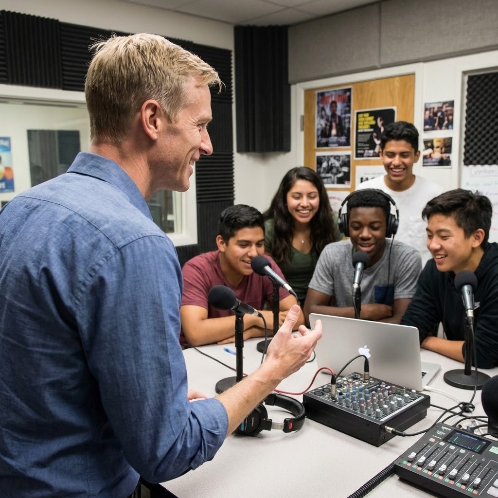 Photo shows artifacts of learning such as a podcast.