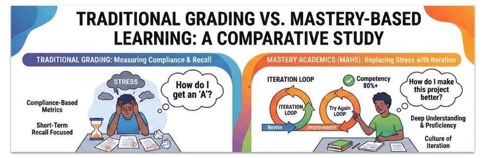 This infographic explains traditional grading versus mastery-based learning for Dallas microschool high school students.